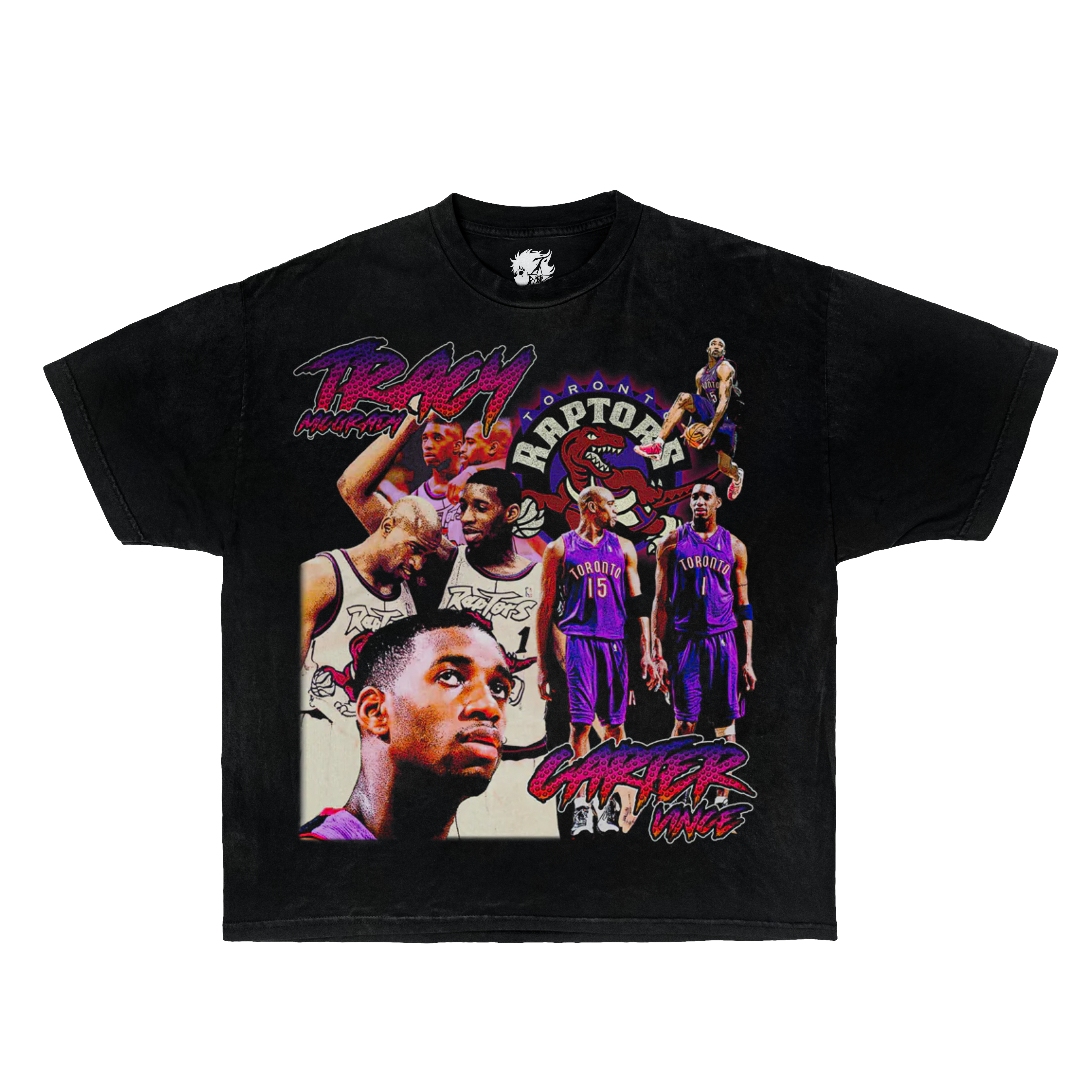 Black t-shirt with basketball-themed graphic featuring players and text on a white background. Vince Carter Boxy Shirt Vintage Oversized Unisex