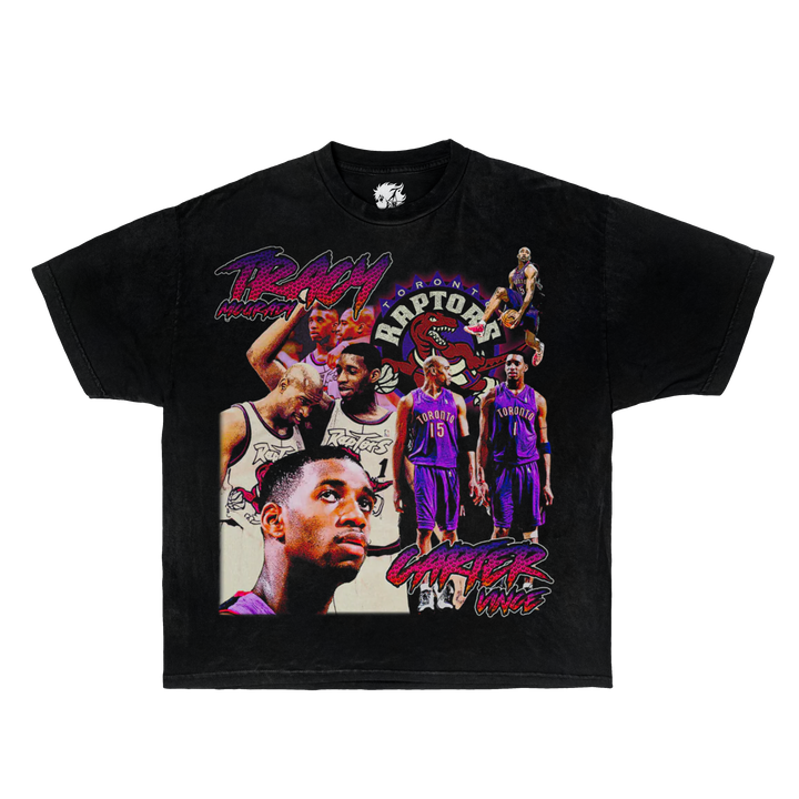 Black t-shirt with basketball-themed graphic featuring players and text on a white background. Vince Carter Boxy Shirt Vintage Oversized Unisex