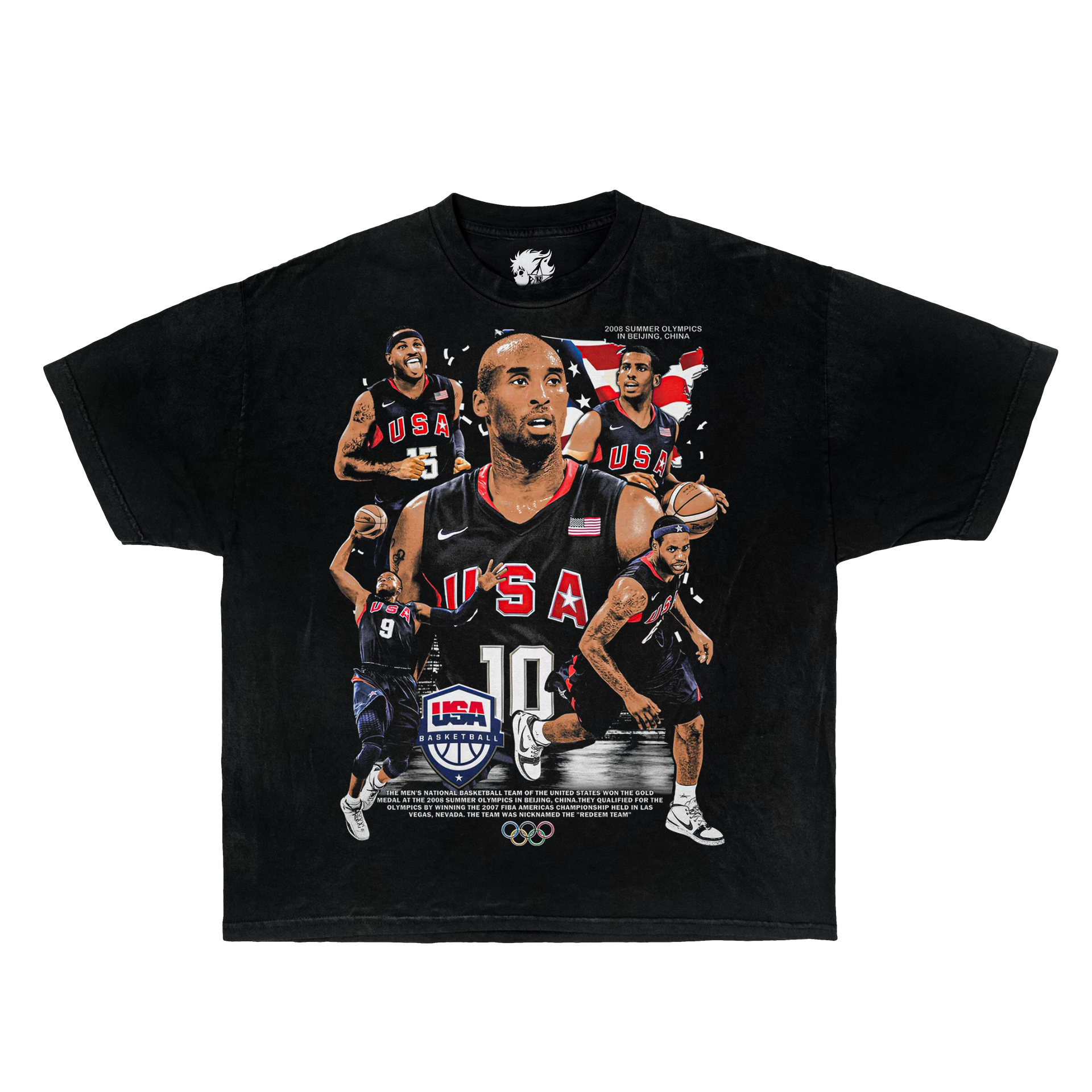 Black t-shirt with a graphic of a kobe bryant player and 'USA' text on a white background. team usa olympic shirt.