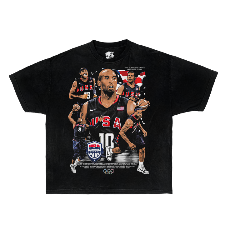 Black t-shirt with a graphic of a kobe bryant player and 'USA' text on a white background. team usa olympic shirt.
