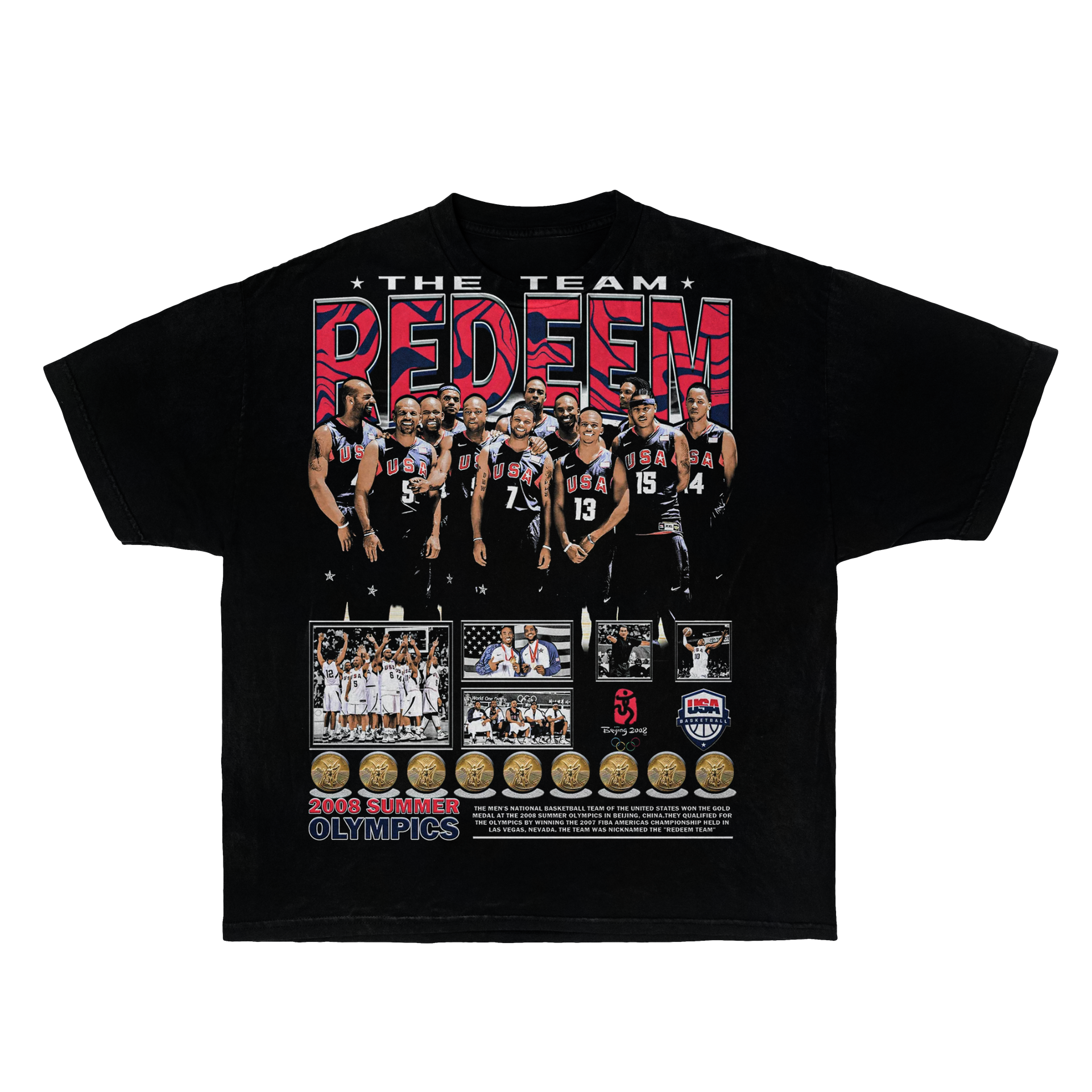 Black t-shirt with a graphic of athletes and text on a white background