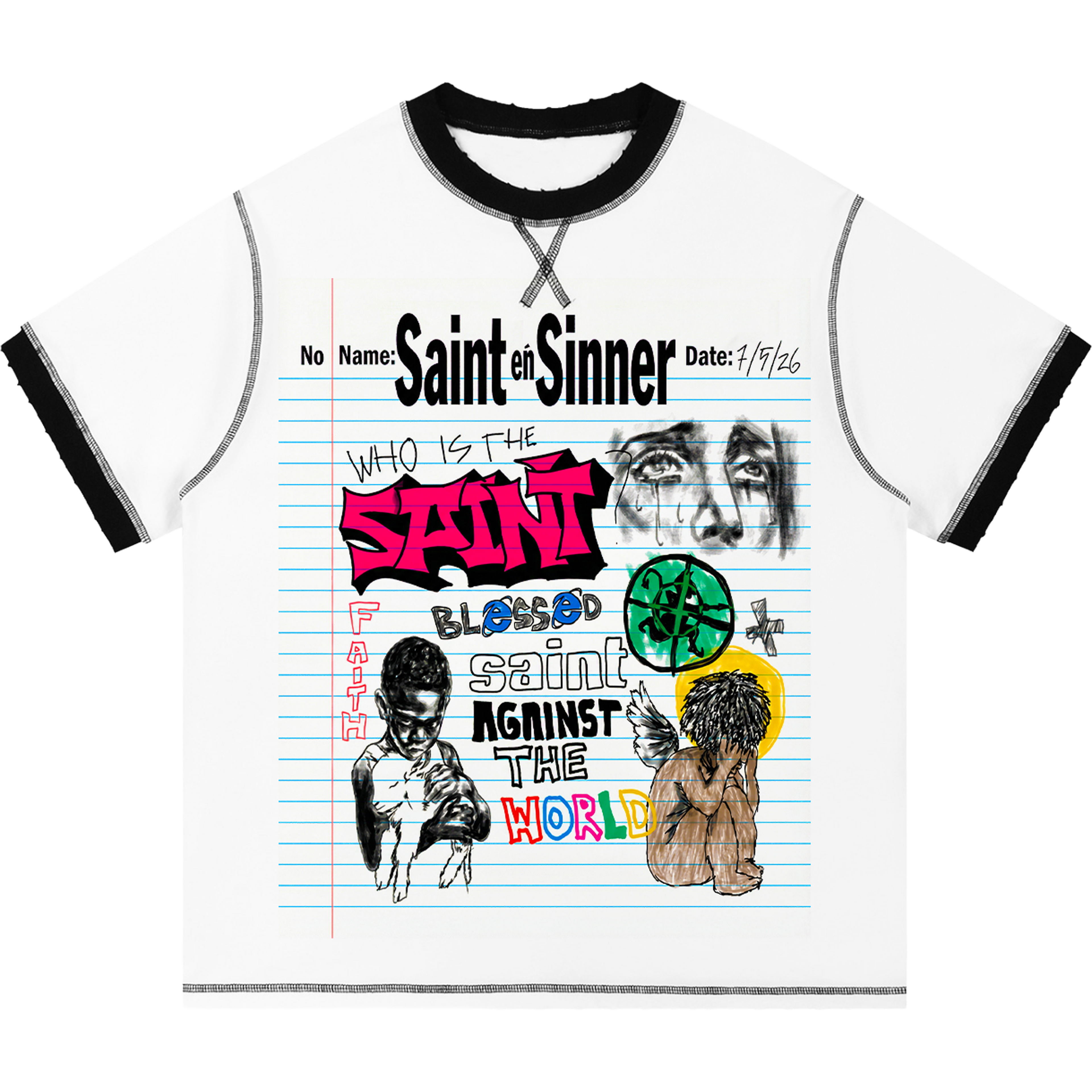 Saint Sinner Contrast-Stitched Cotton T-Shirt Streetwear Y2K - Neniom
