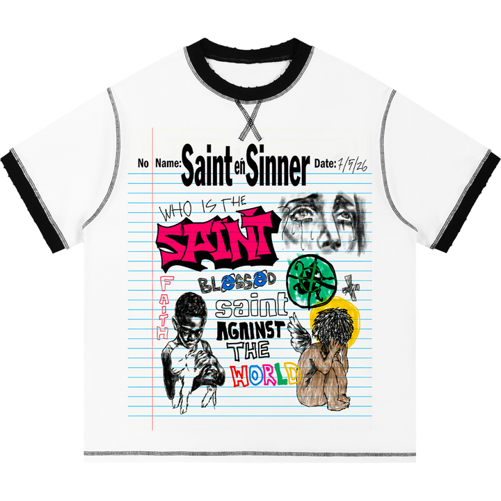 Saint Sinner Contrast-Stitched Cotton T-Shirt Streetwear Y2K - Neniom