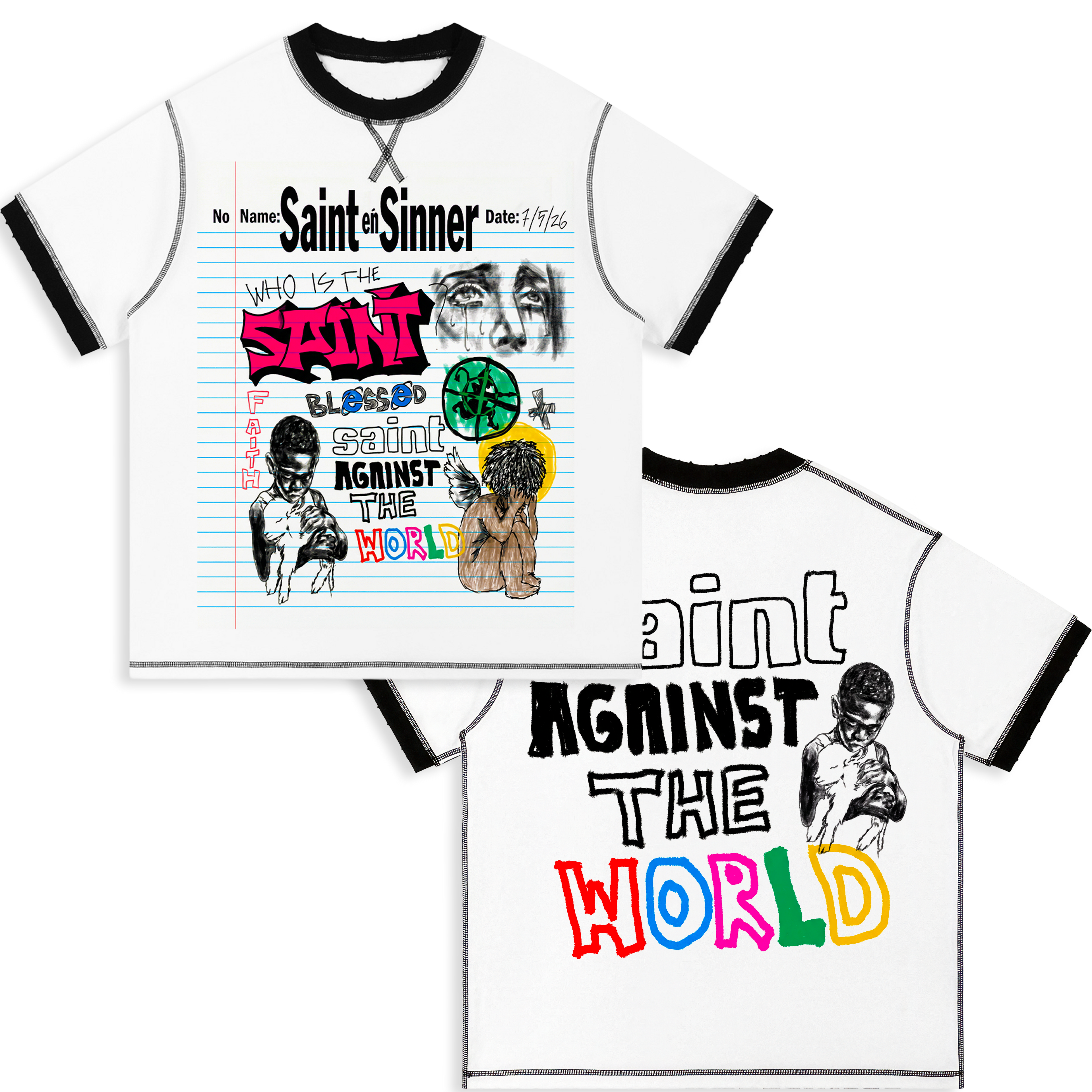 Saint Sinner Contrast-Stitched Cotton T-Shirt Streetwear Y2K - Neniom