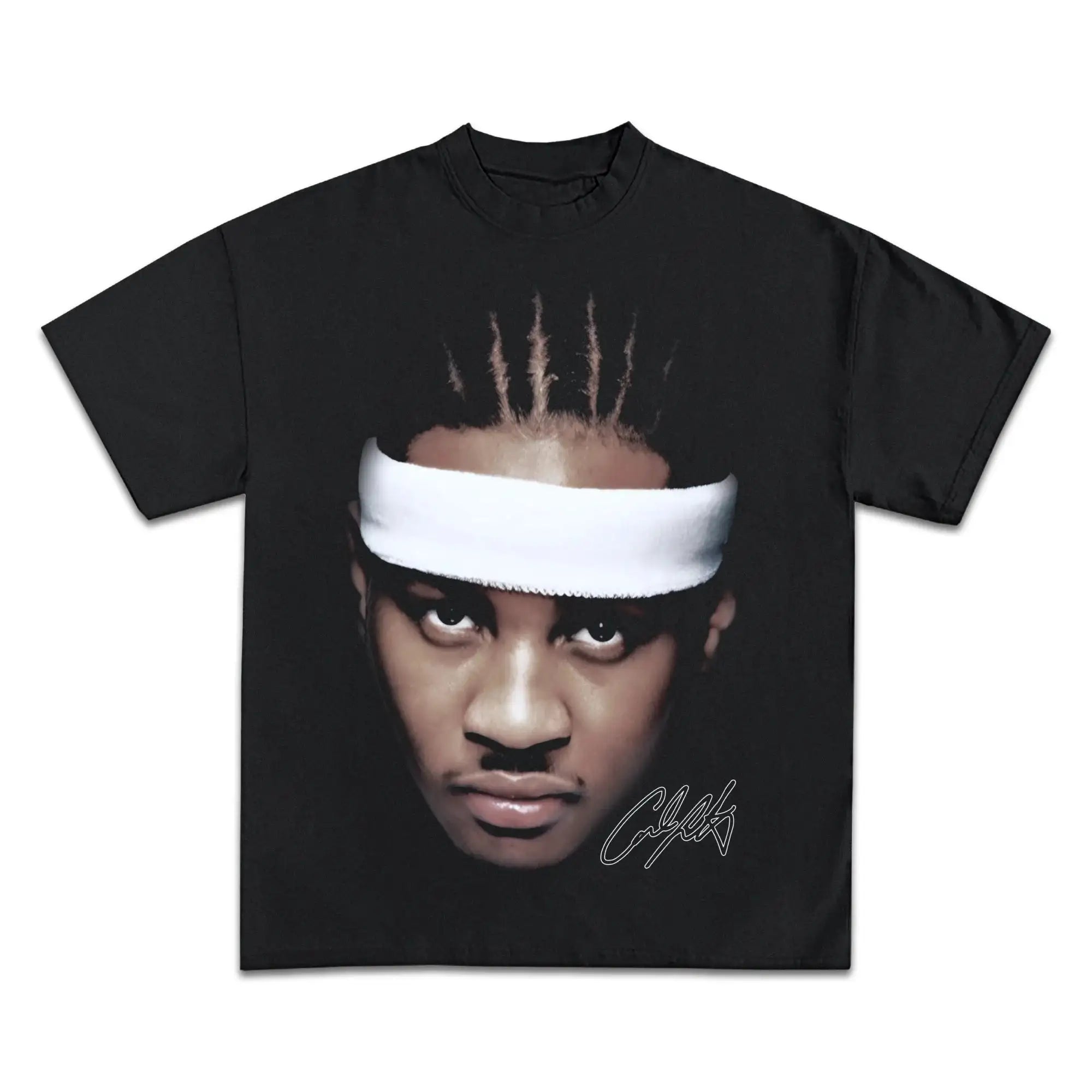 Black t-shirt with a graphic of a person wearing a headband on a white background. carmelo anthony vintage shirt