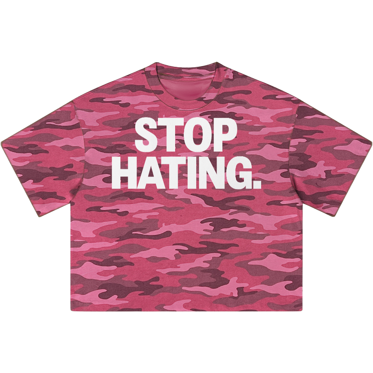 "STOP HATING" Urban Pink Camouflage Cropped Oversized Shirt Streetwear Boxy Tee