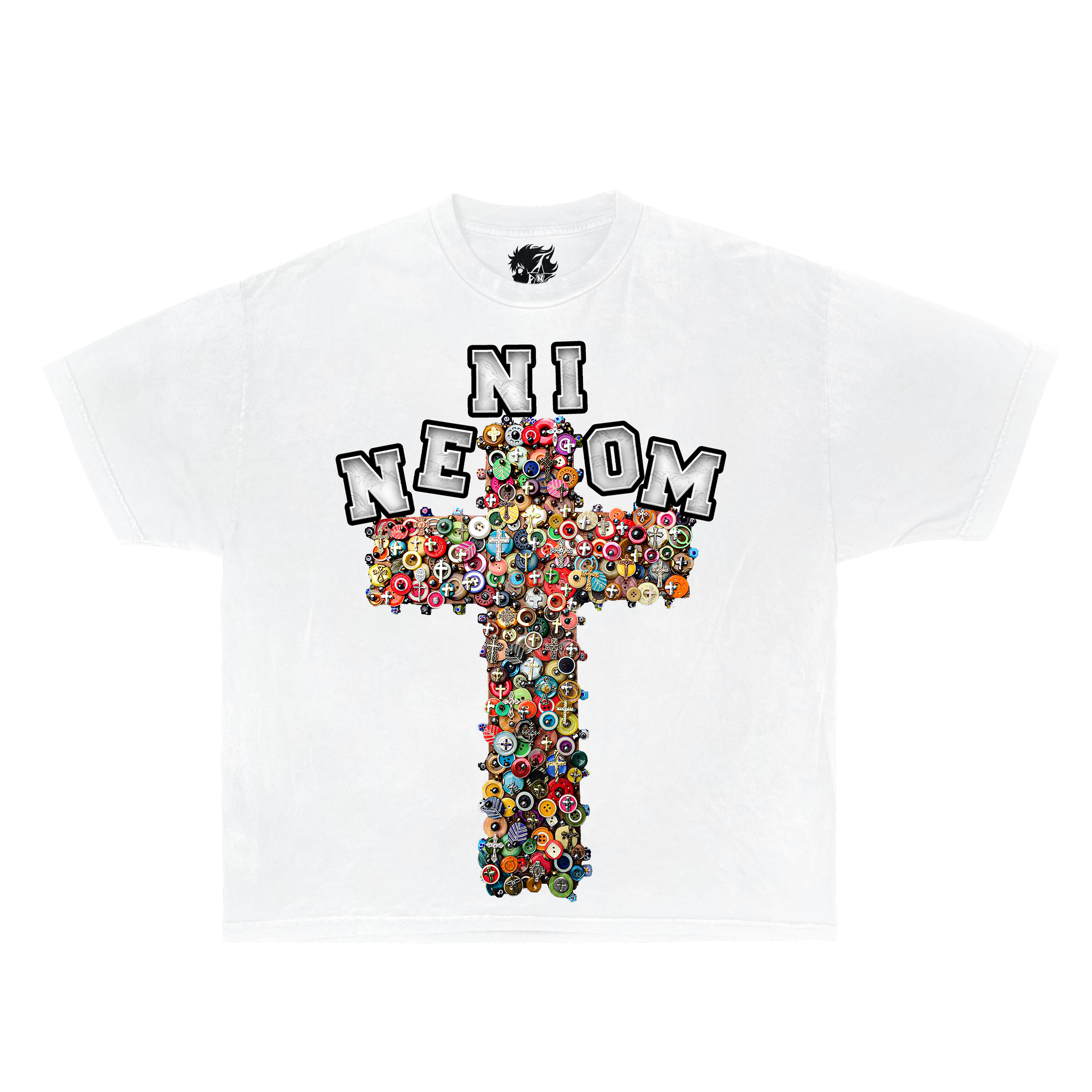 White t-shirt with colorful 'neniom' design on a white background