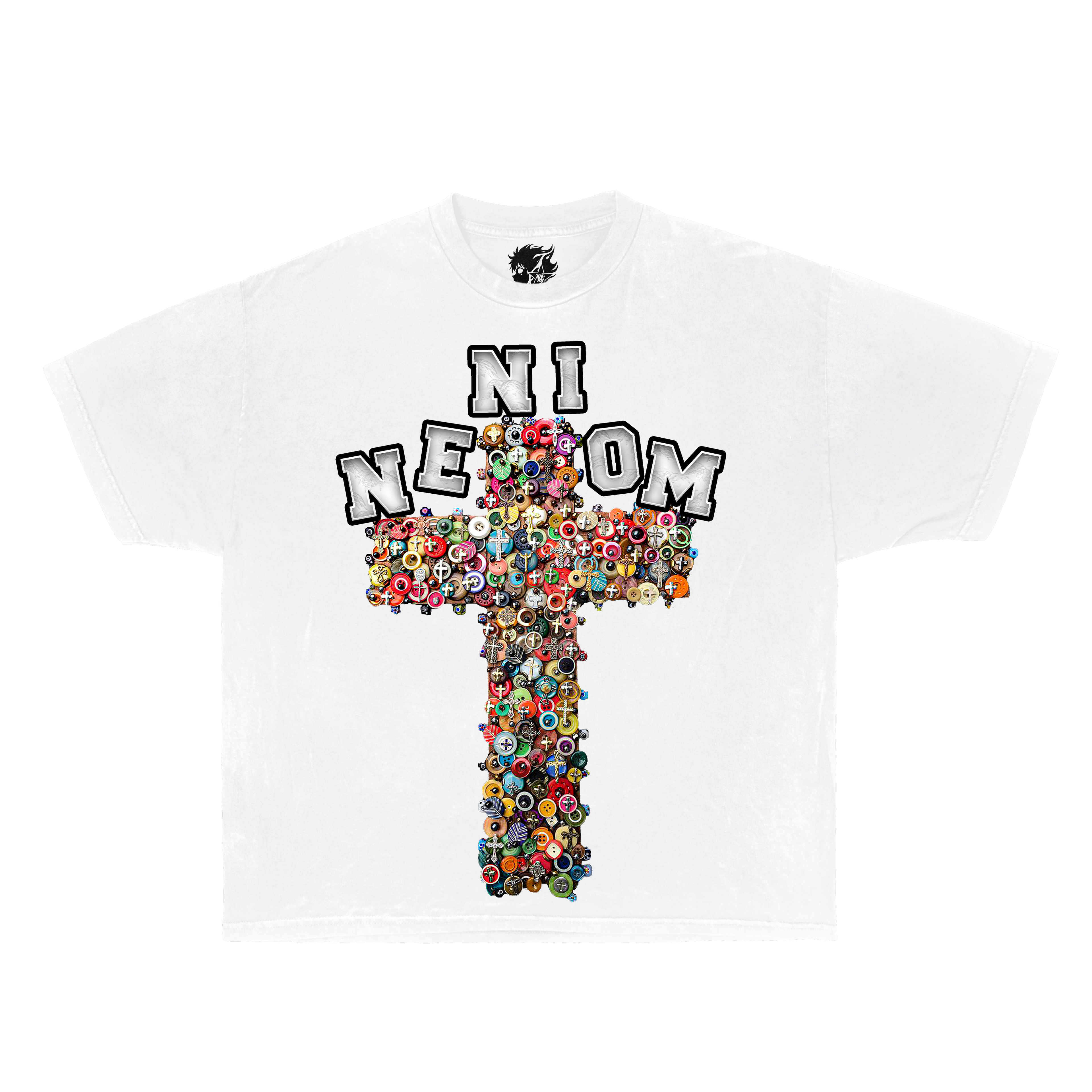 White t-shirt with colorful 'neniom' design on a white background