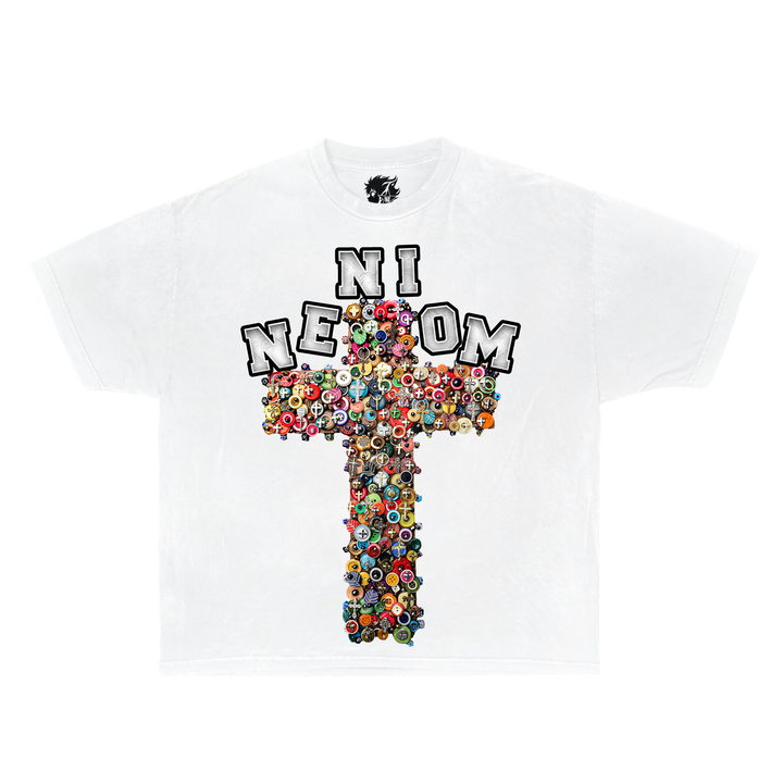 White t-shirt with colorful 'neniom' design on a white background