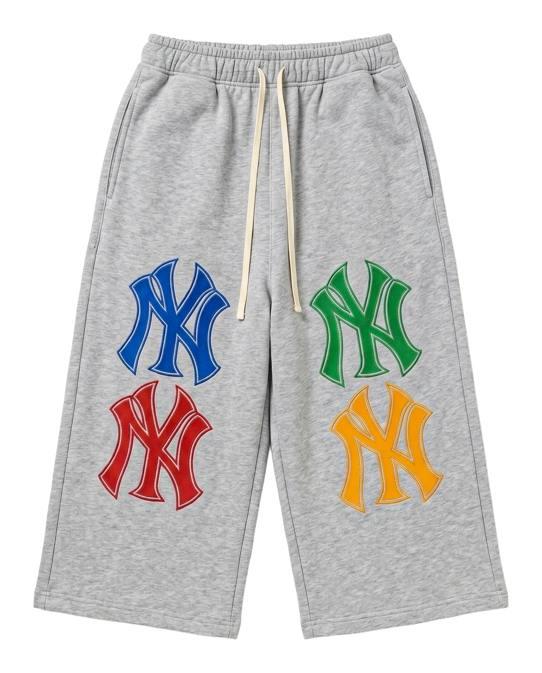 Gray basketball 3/4 sweatpants shorts with colorful NYC logos on a white background