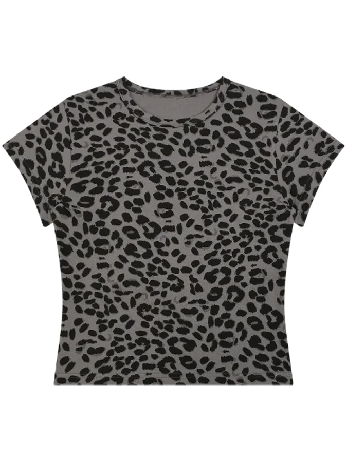 Women's Leopard Print Crop Top Y2K Tee Shirt – Gray | Cropped Slim Fit Tee