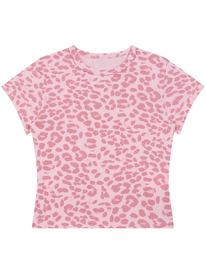 Women's Leopard Print Crop Top Y2K Shirt – Light Pink | Cropped Slim Fit Tee