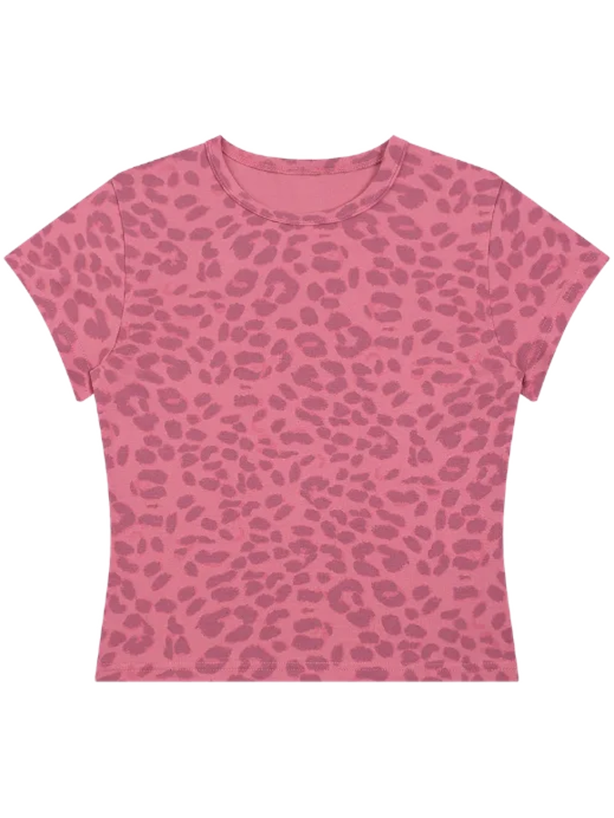 Women's Leopard Print Crop Top Y2K Shirt – Rose Pink | Cropped Slim Fit Tee