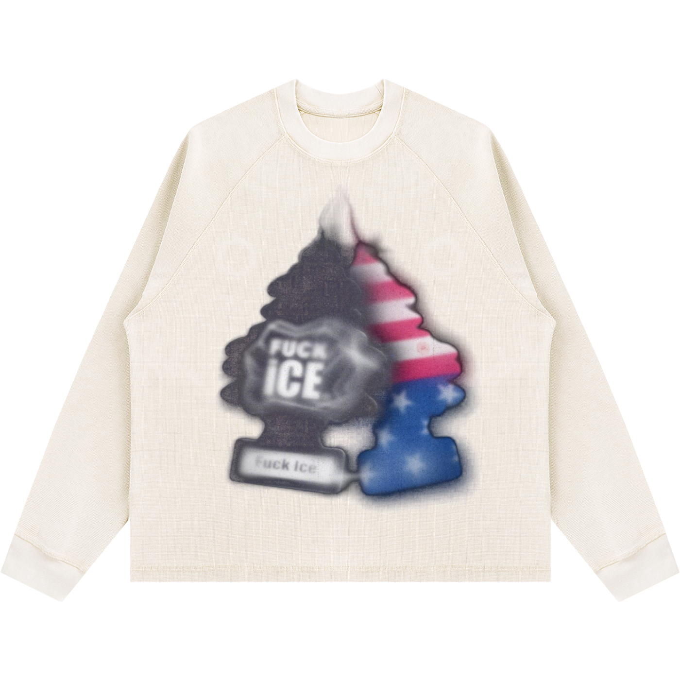 An off-white long-sleeve raglan sweatshirt featuring a large graphic print of two 'FUCK ICE' air freshener-style trees, one in dark gray/black and the other in an American flag pattern of red, white, and blue.