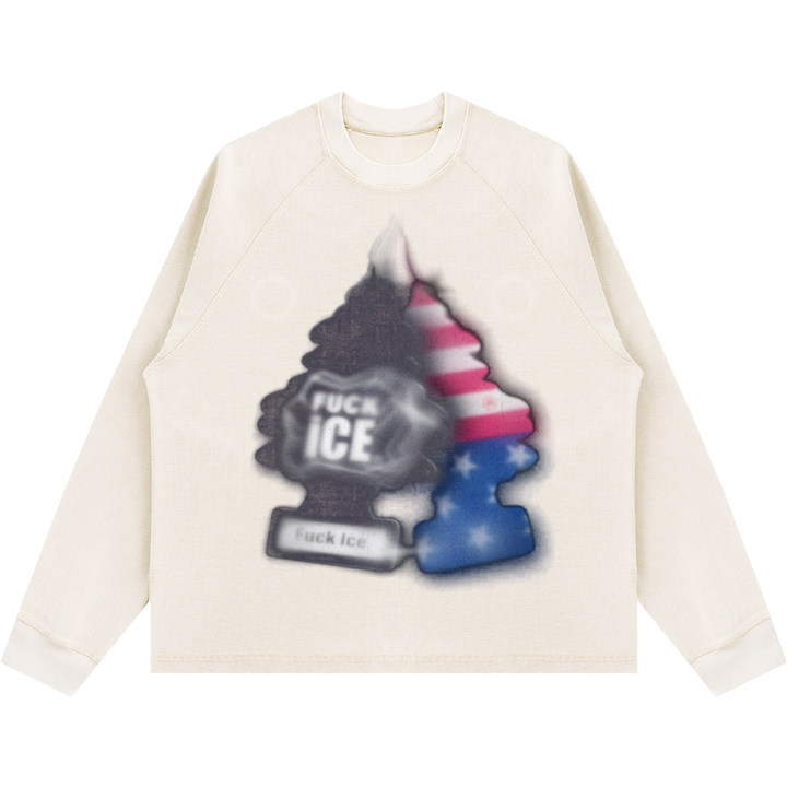 An off-white long-sleeve raglan sweatshirt featuring a large graphic print of two 'FUCK ICE' air freshener-style trees, one in dark gray/black and the other in an American flag pattern of red, white, and blue.