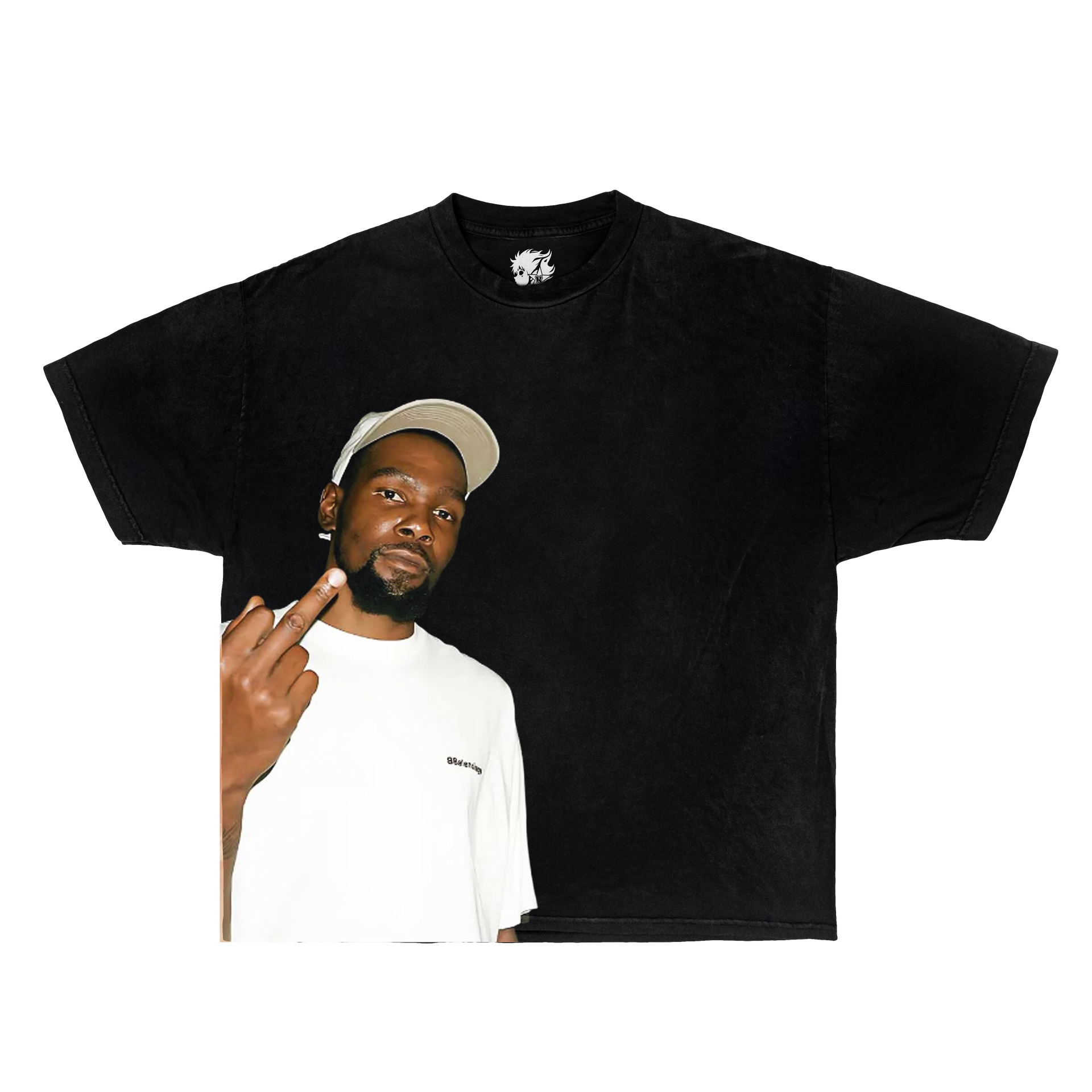 Black t-shirt with a graphic of kevin durant pointing at himself on a white background. Kevin durant shirts