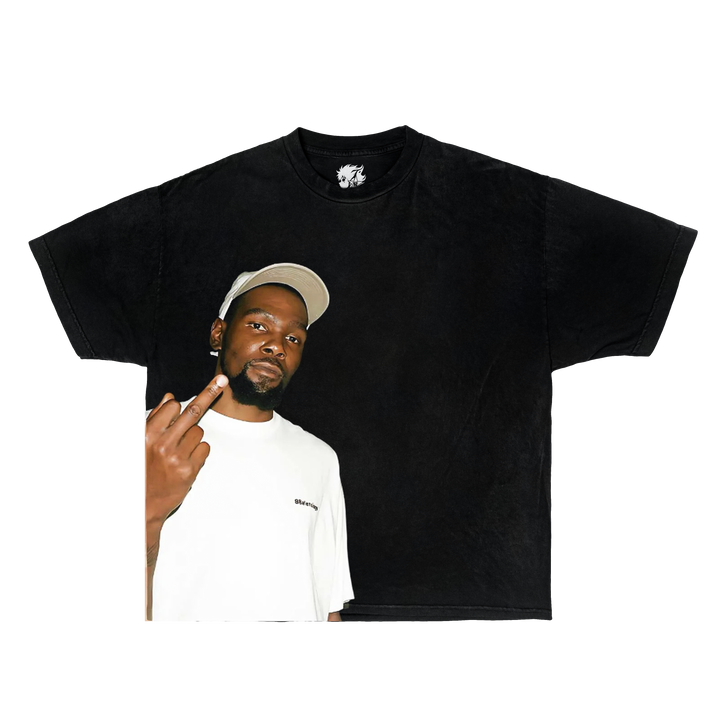 Black t-shirt with a graphic of kevin durant pointing at himself on a white background. Kevin durant shirts