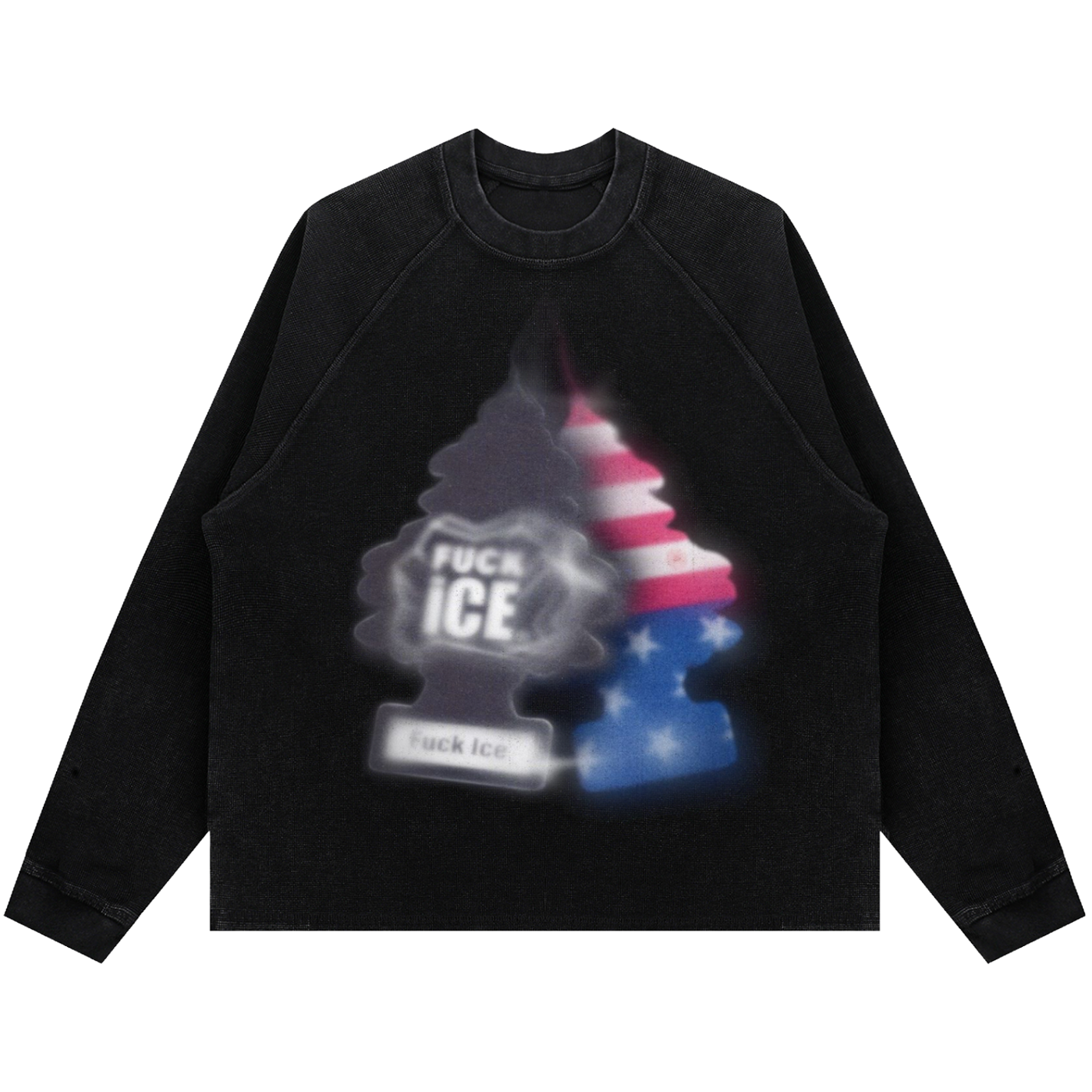 A black raglan crewneck sweatshirt featuring a graphic print of a pine tree split into two halves: one side is dark gray with the text 'FUCK ICE' in white, and the other side is patterned like the American flag in red, white, and blue with white stars.