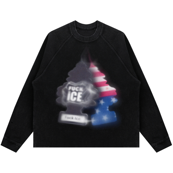A black raglan crewneck sweatshirt featuring a graphic print of a pine tree split into two halves: one side is dark gray with the text 'FUCK ICE' in white, and the other side is patterned like the American flag in red, white, and blue with white stars.