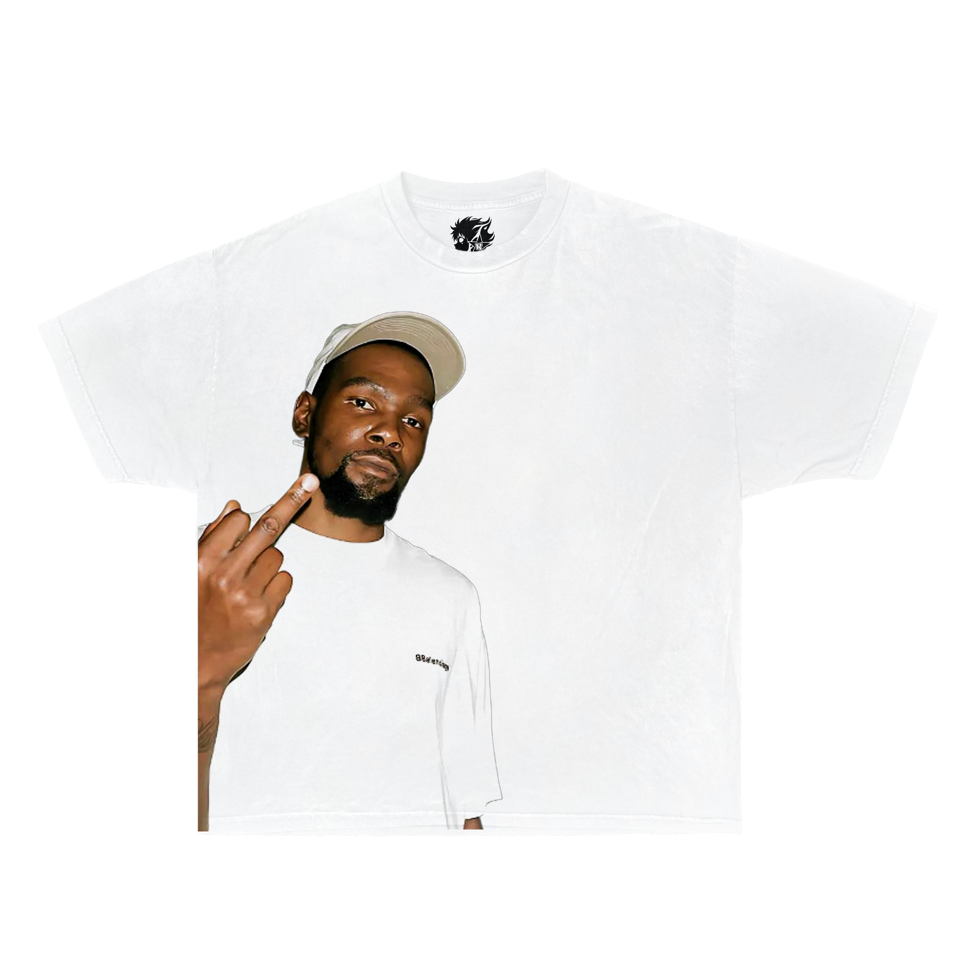 Person wearing a white t-shirt with a logo, standing against a white background