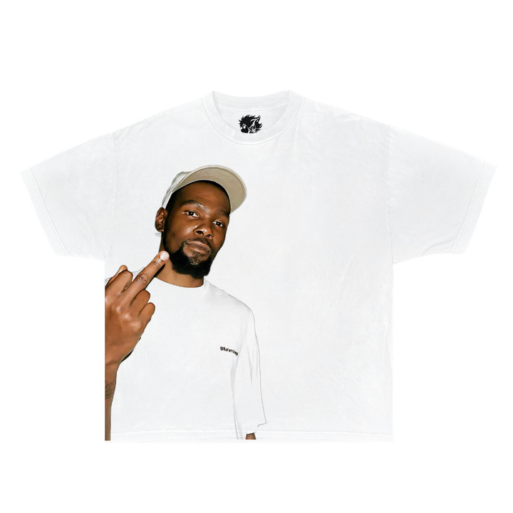 Person wearing a white t-shirt with a logo, standing against a white background