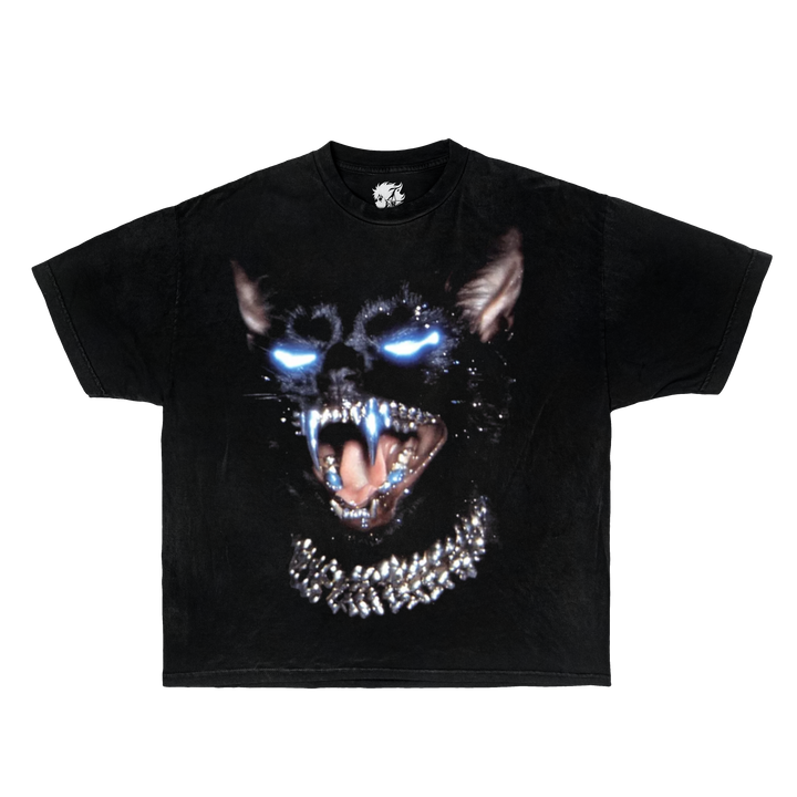 Black t-shirt with a panther cat graphic design on a white background