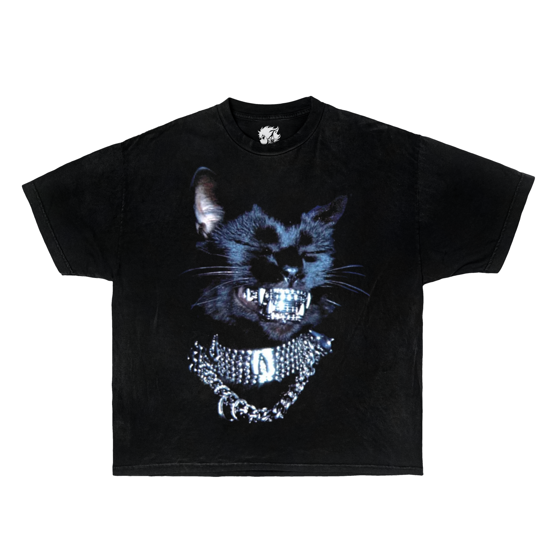 Black t-shirt with a graphic of a cat wearing a chain and bling on a white background. cute cat shirt