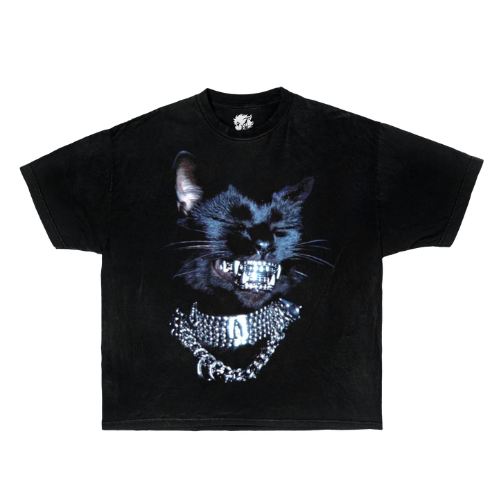 Black t-shirt with a graphic of a cat wearing a chain and bling on a white background. cute cat shirt