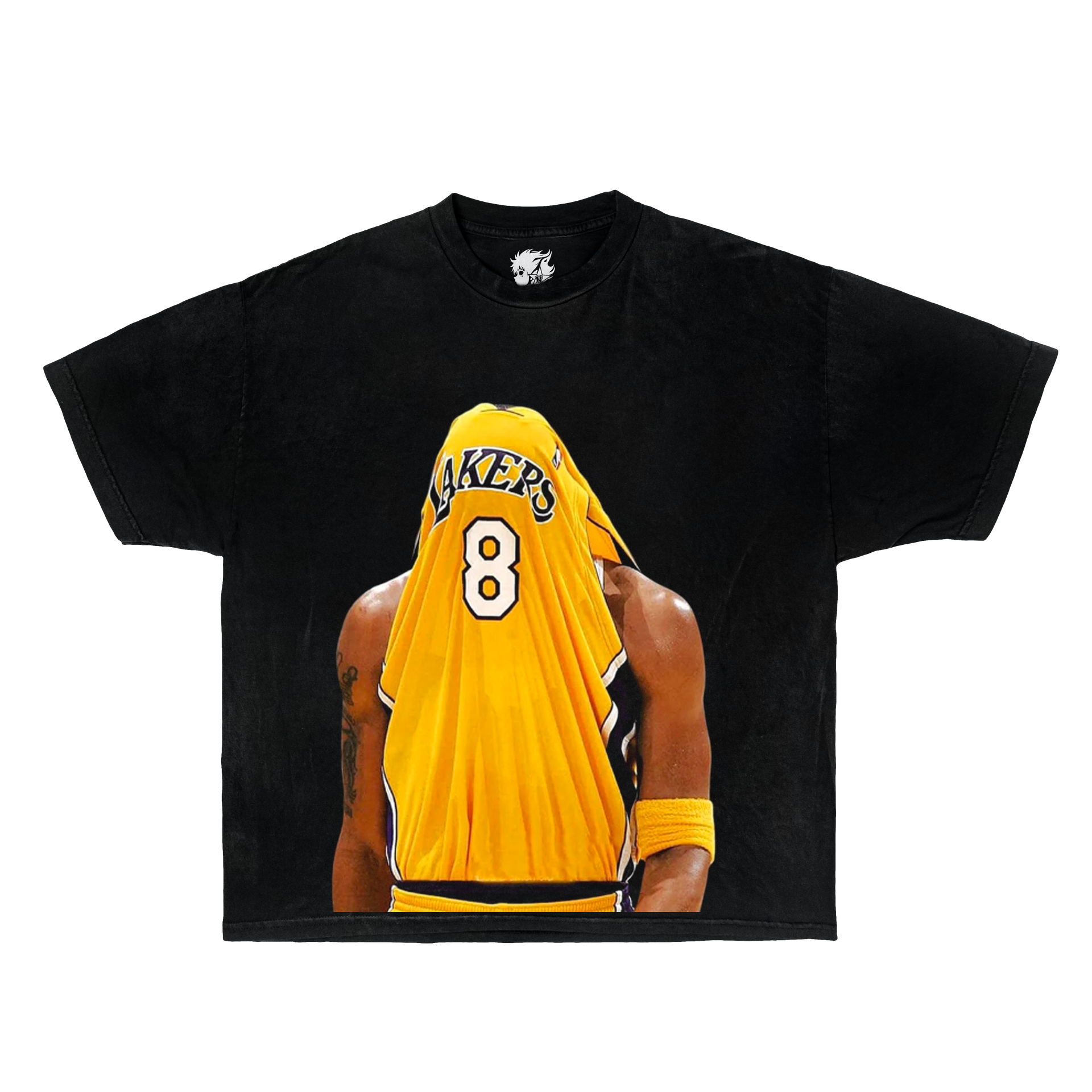 Black t-shirt with a graphic of Kobe Bryant basketball player wearing a yellow Lakers jersey with the number 8 on a white background. Kobe Shirt