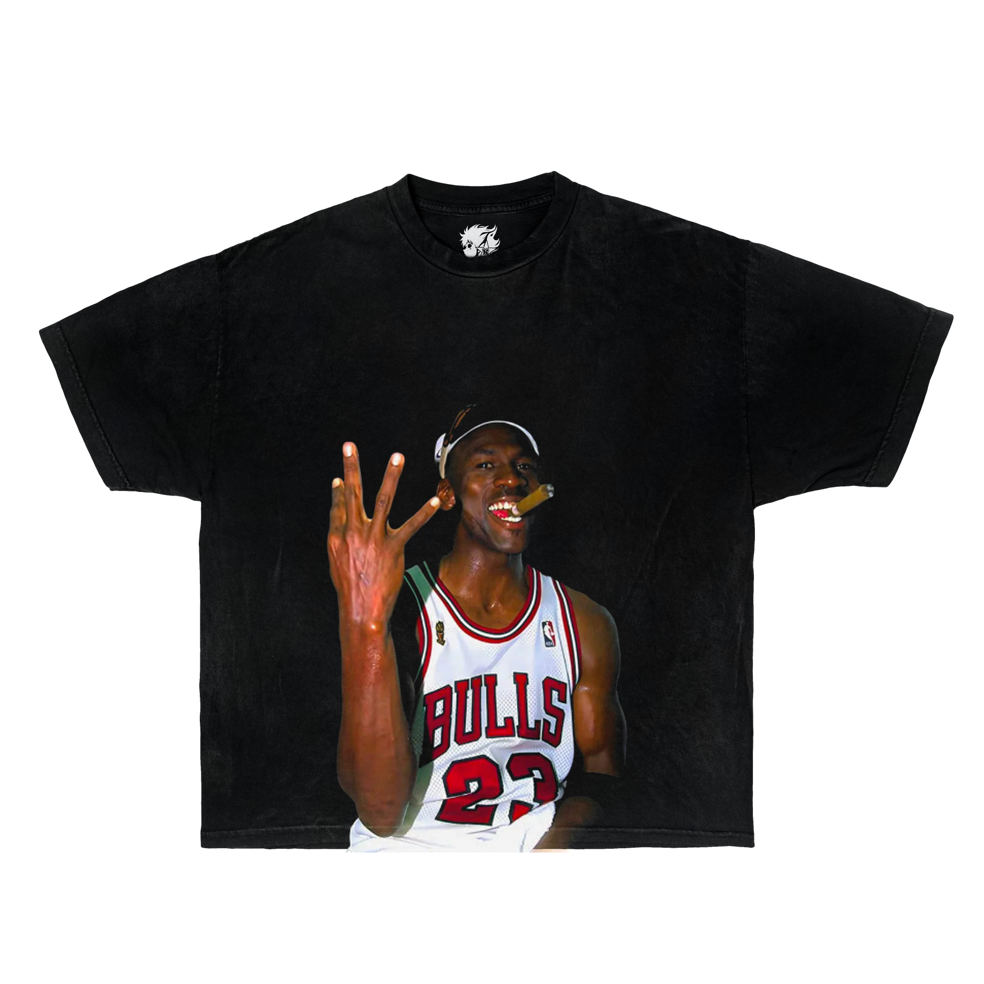 Black t-shirt with a graphic of Michael Jordan basketball player in a Bulls jersey on a white background. Jordan Shirt