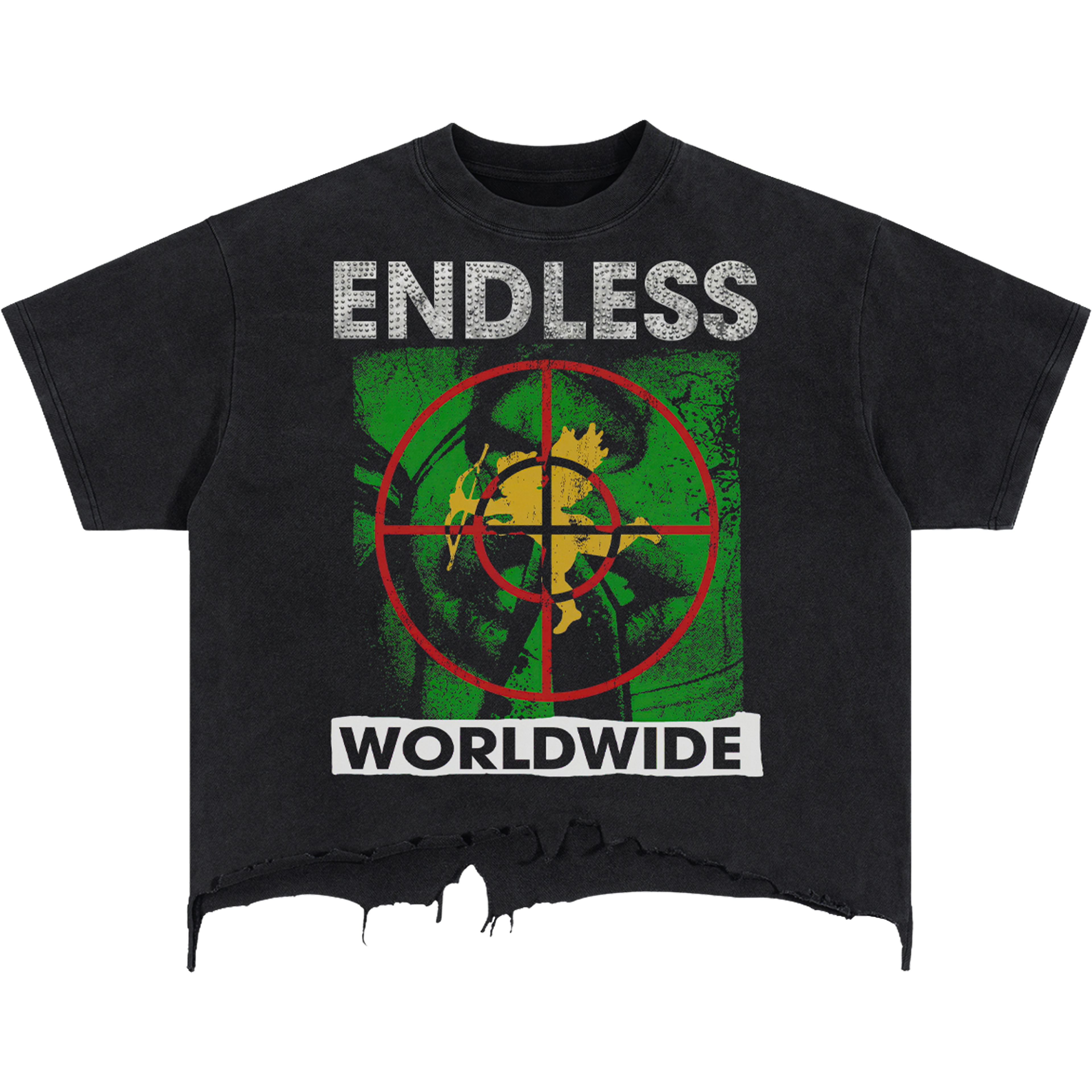 Black t-shirt with 'Endless Worldwide' graphic design on a white background