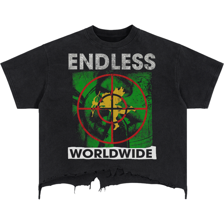 Black t-shirt with 'Endless Worldwide' graphic design on a white background