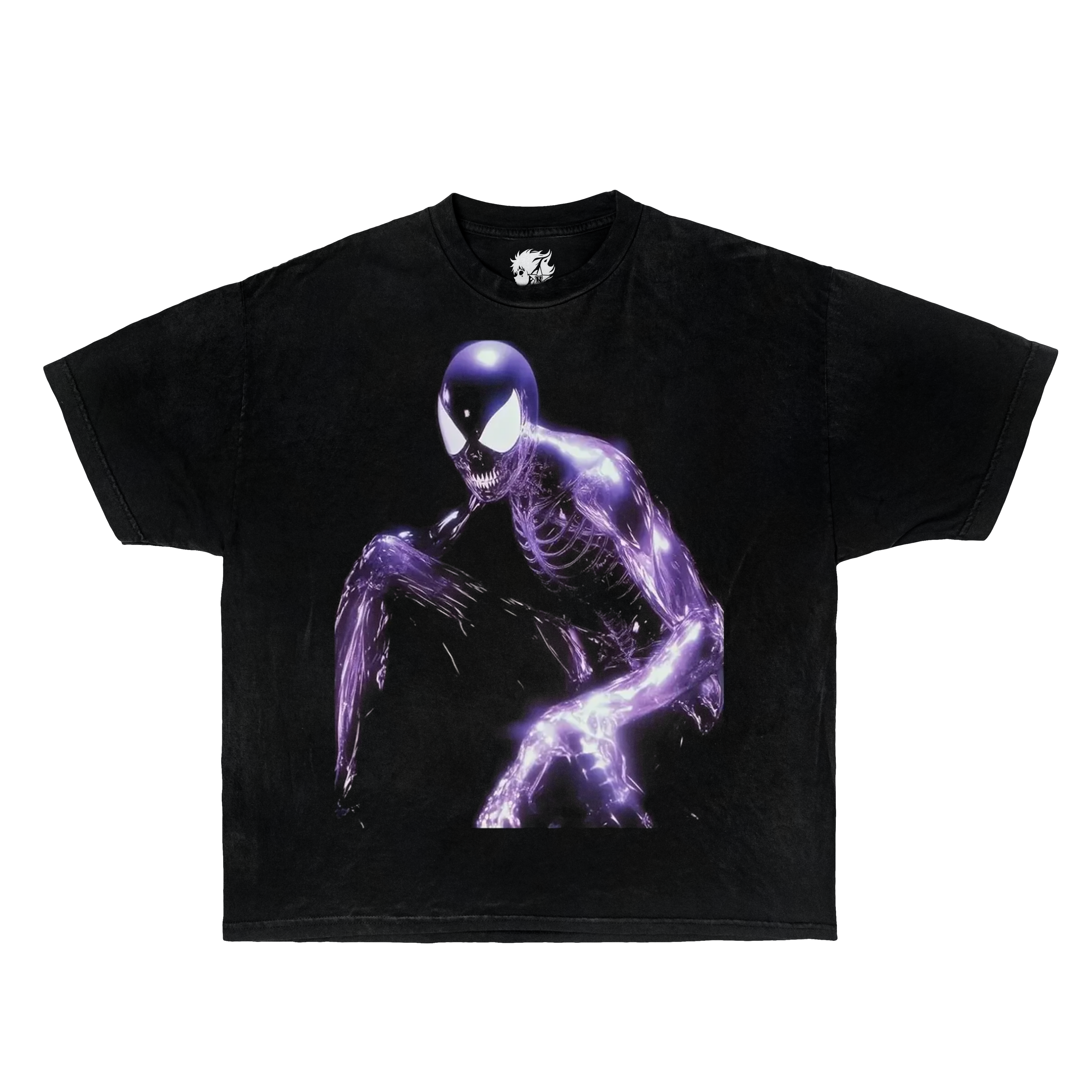 Black t-shirt with a purple skeleton design on a white background. Spiderman Shirt