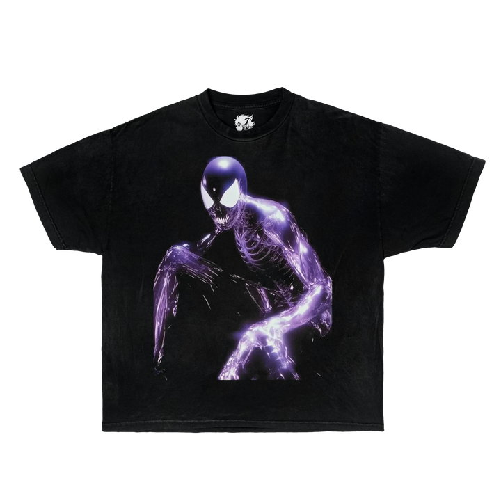 Black t-shirt with a purple skeleton design on a white background. Spiderman Shirt