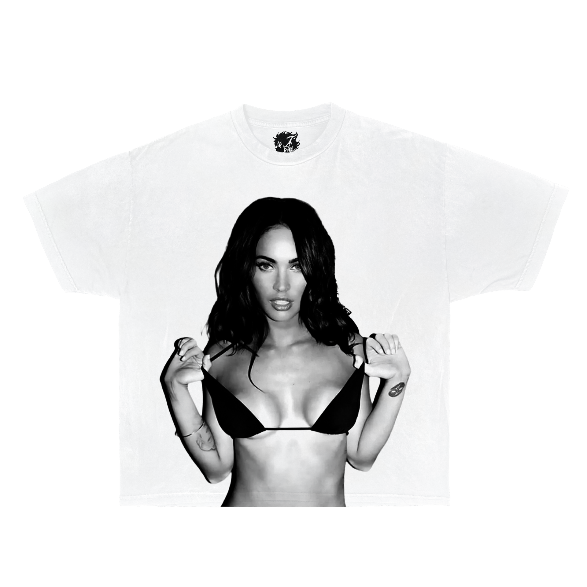 Black and white image of a person wearing a bikini with a brand logo on a white background. Morgan Fox shirts