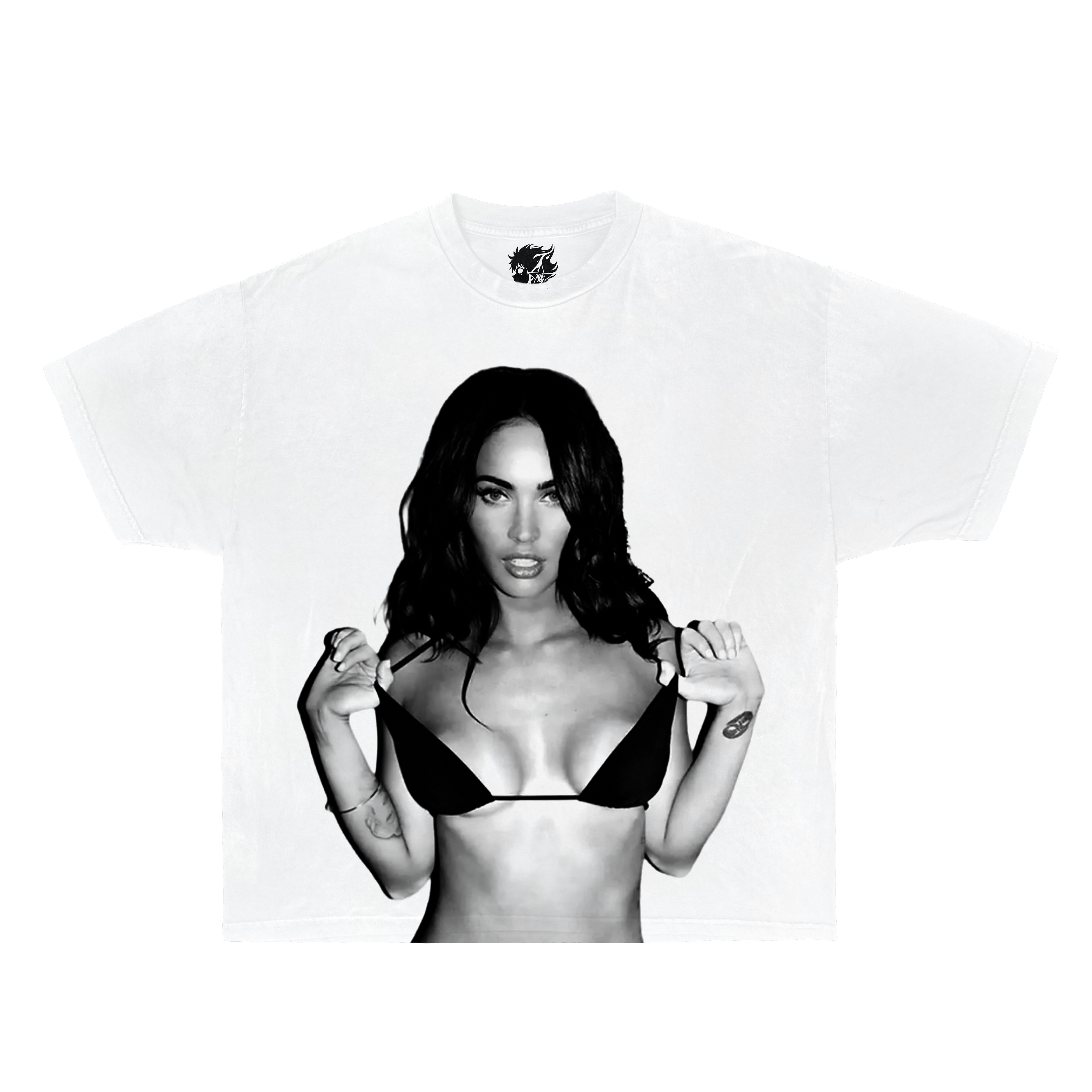 Black and white image of a person wearing a bikini with a brand logo on a white background. Morgan Fox shirts