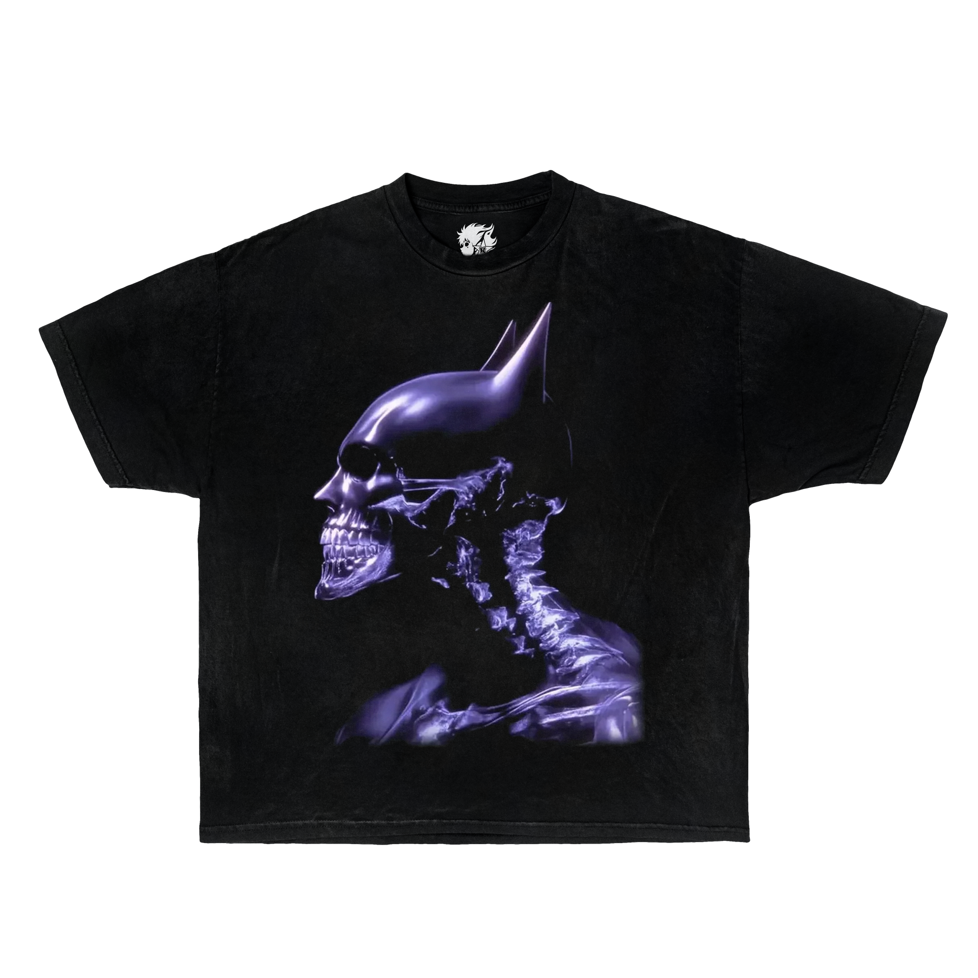Black t-shirt with a purple skeleton design on a white background. Batman shirts