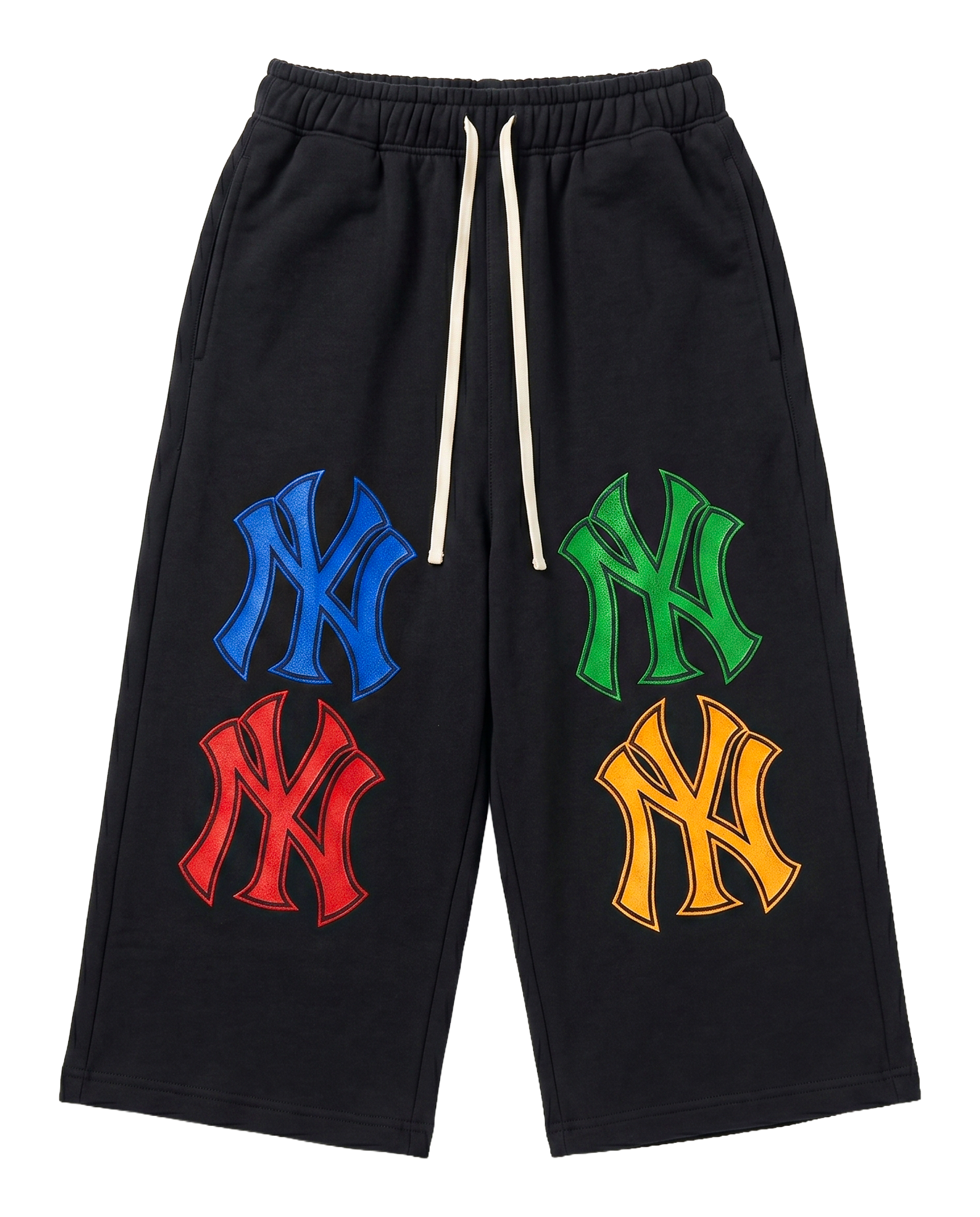 Black Basketball 3/4 sweatpants shorts with colorful NYC logos on a transparent background