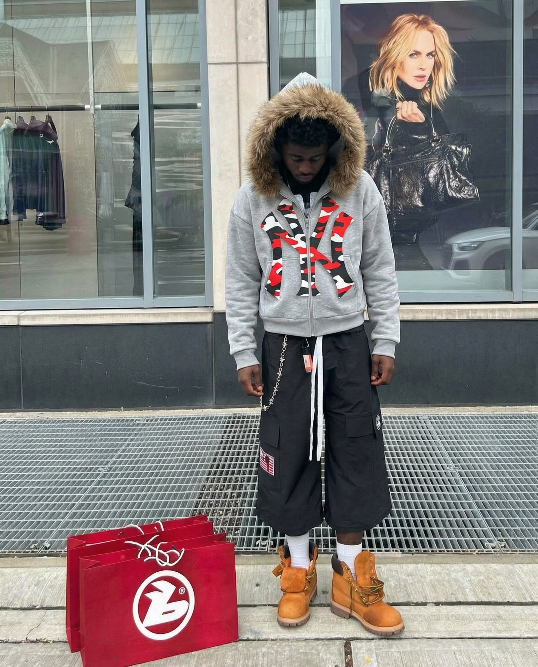 NY Red Camo Uptown Skyline Fur Detachable Zip Up Hoodie Y2K Loose Fit Cropped