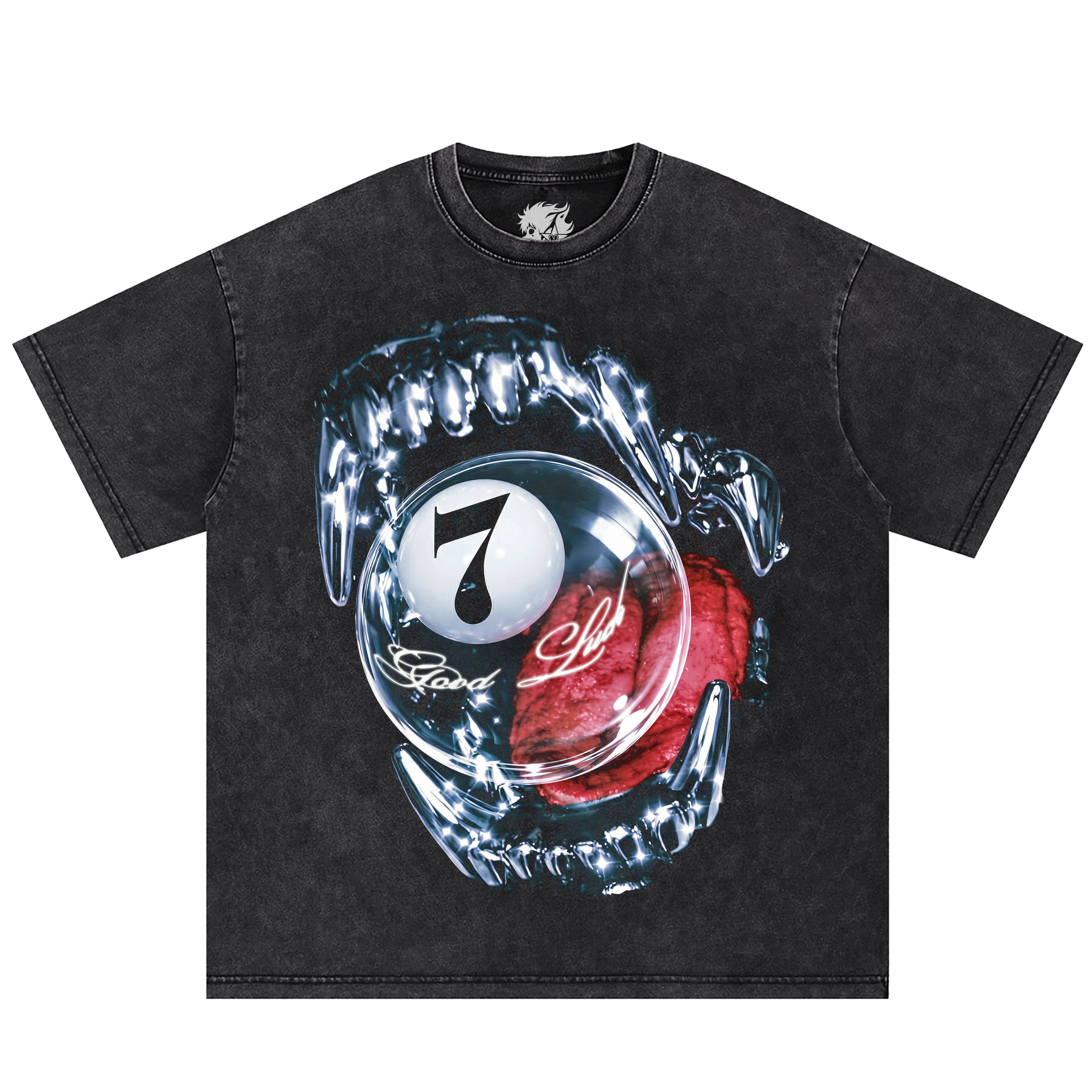 Neniom Lucky Seven Fate graphic tee, black vintage-washed oversized T-shirt with a white 7-ball inside a clear sphere