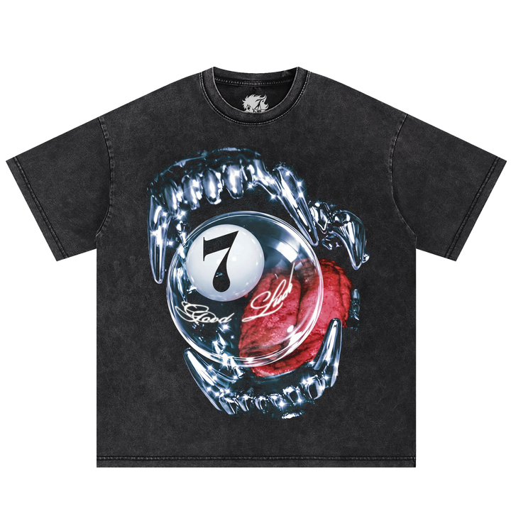 Neniom Lucky Seven Fate graphic tee, black vintage-washed oversized T-shirt with a white 7-ball inside a clear sphere