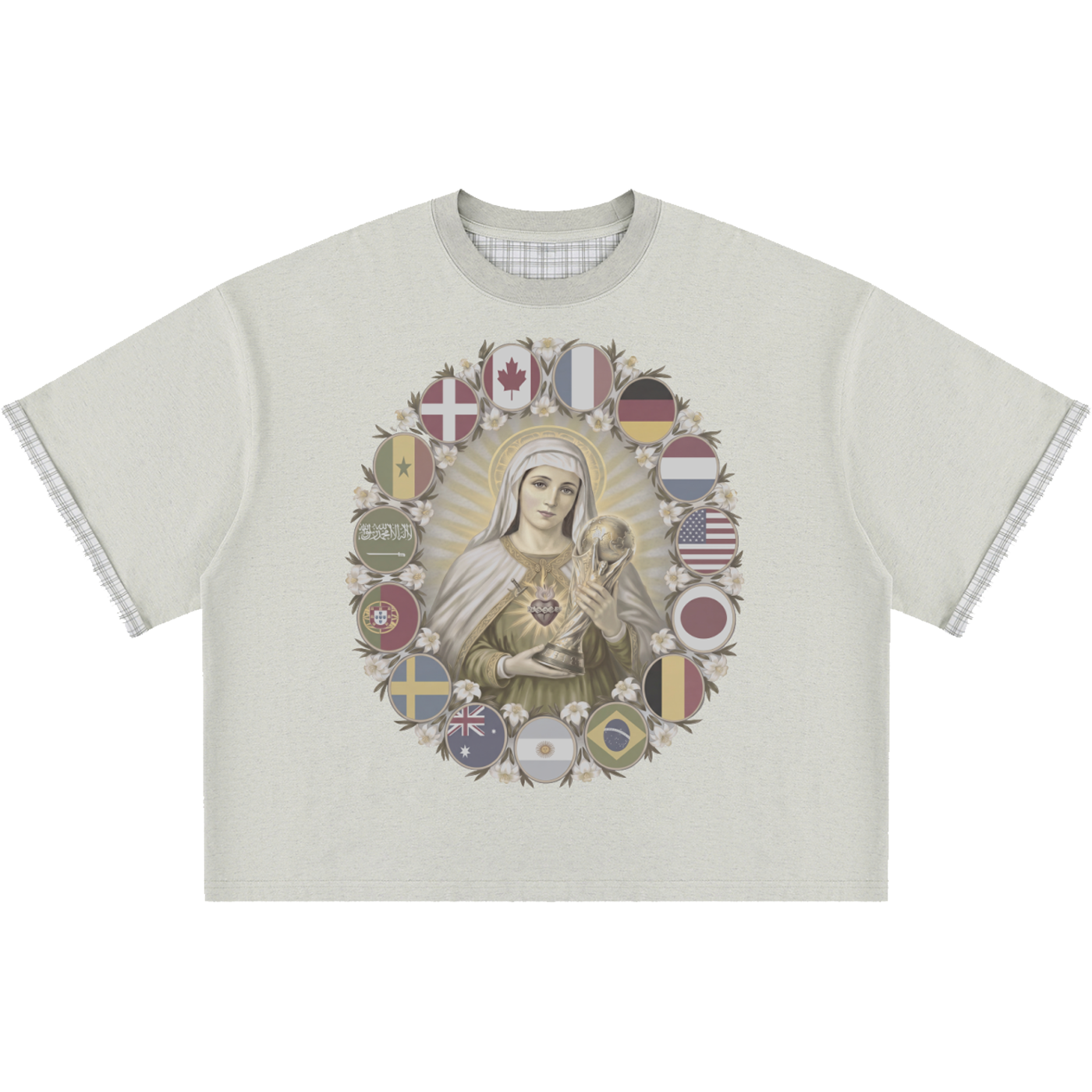 T-shirt with a graphic of a religious figure surrounded by flags on a white background