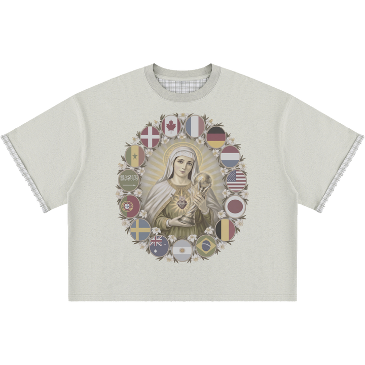 T-shirt with a graphic of a religious figure surrounded by flags on a white background