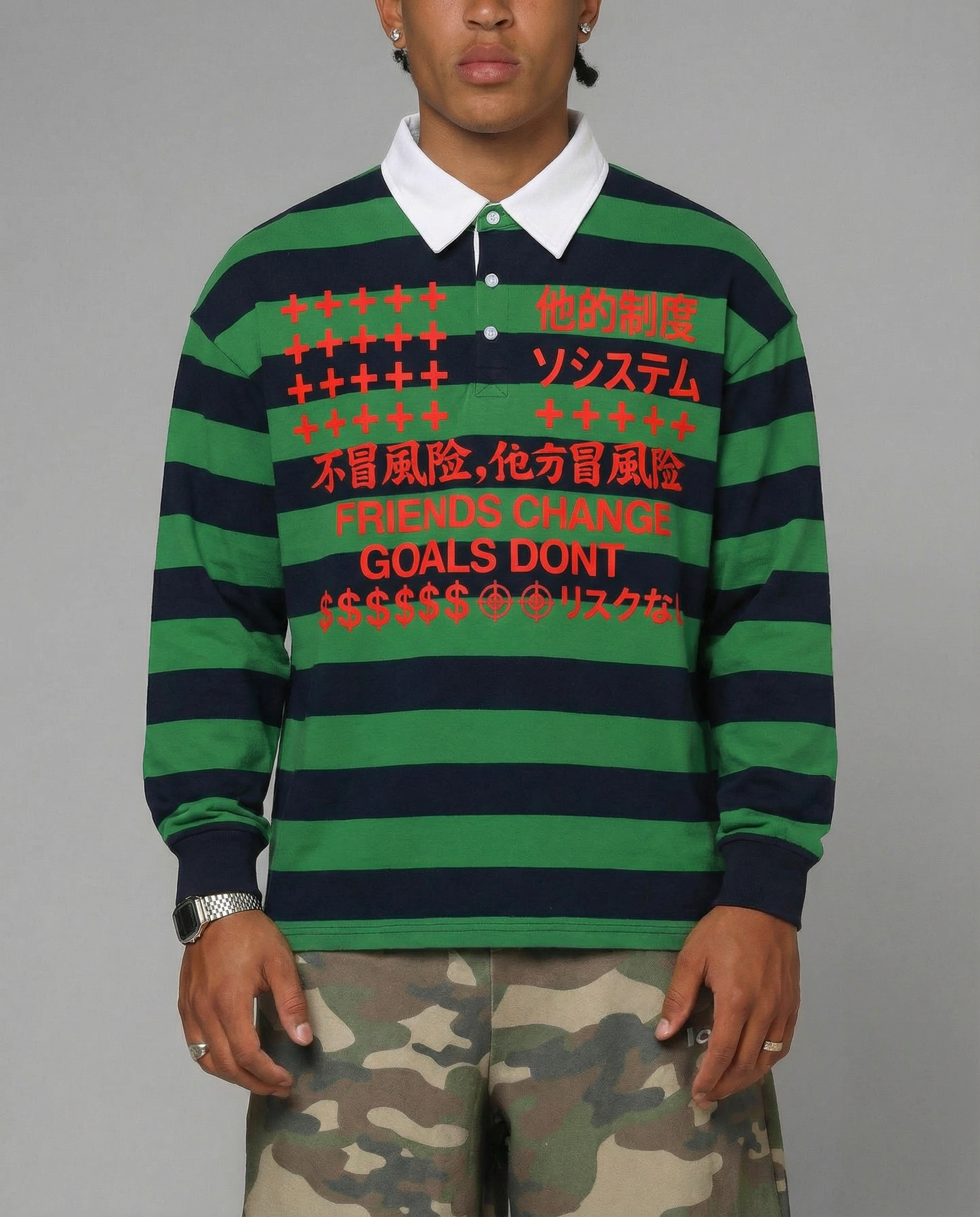 Friends Change, Money Don't Collared Color Block Stripe Polo Shirt Y2K Green / Navy Blue / Red - Neniom