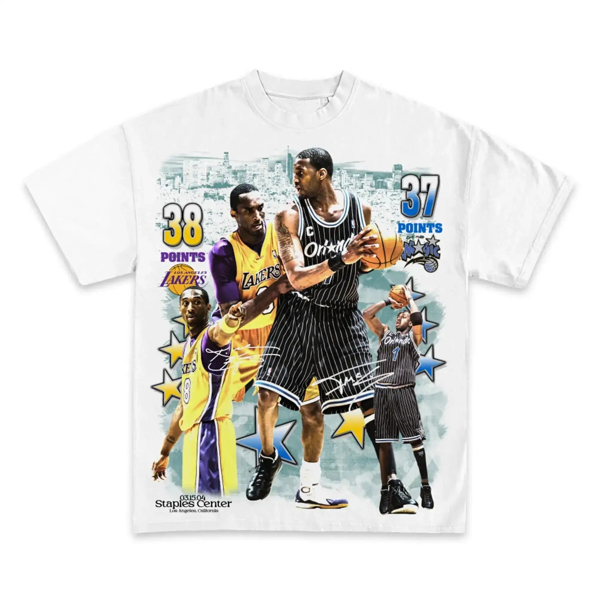 T-shirt with basketball player graphic and text on a white background