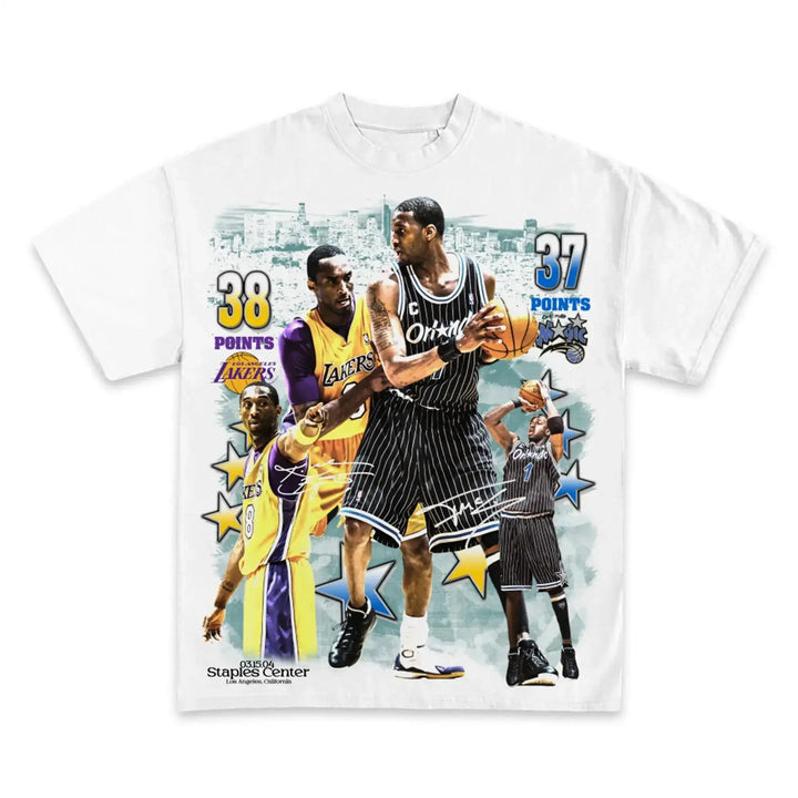 T-shirt with basketball player graphic and text on a white background
