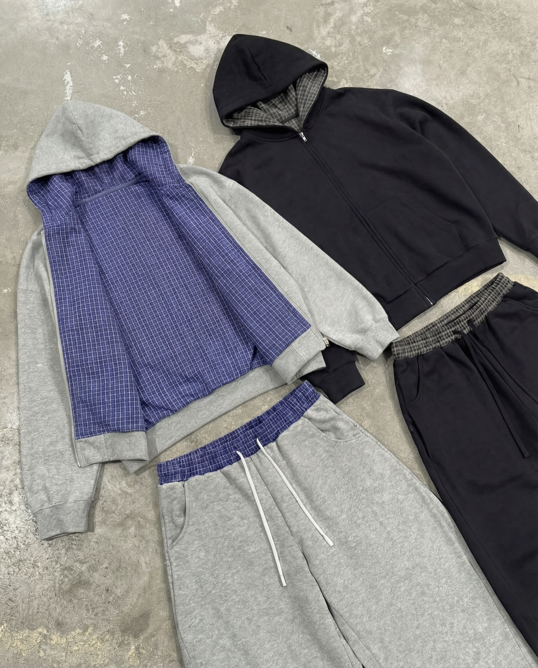 Lazy Boy Contrast Plaid Boxy Zip Up Gray Hoodie