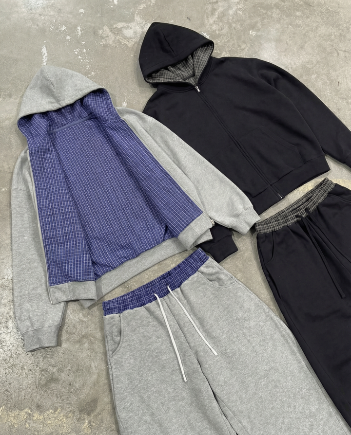 Lazy Boy Contrast Plaid Boxy Zip Up Gray Hoodie