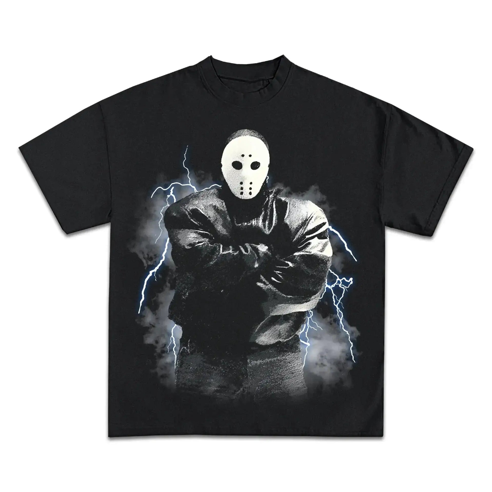 Black t-shirt with a graphic of a character in a hood and mask on a white background
