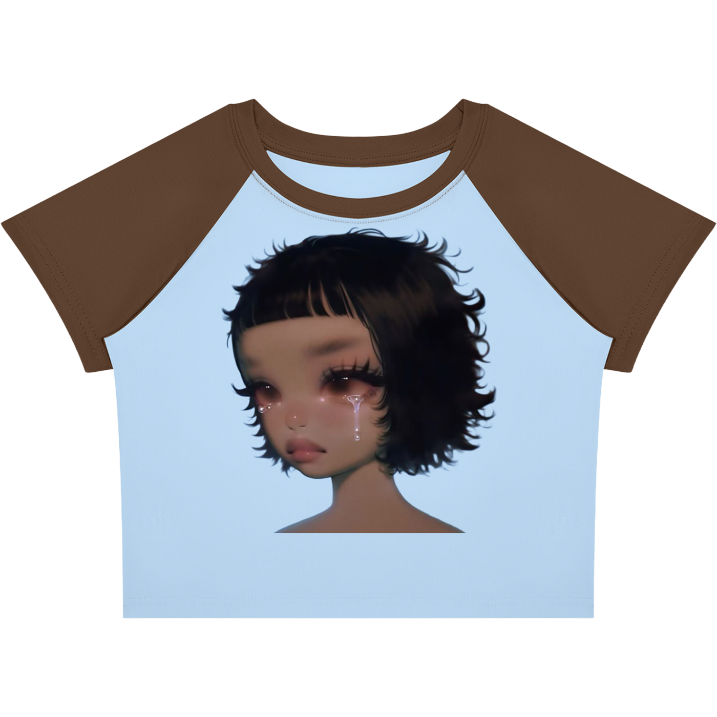 Crying Girl Portrait Color-Block Raglan Crop Tee (Brown/Blue)